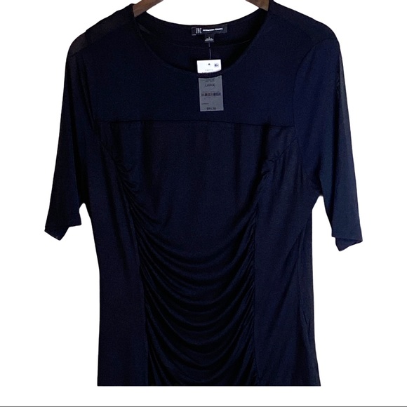 INC Sheer Ruched Short Sleeve Illusion Neck Top - Picture 3 of 9